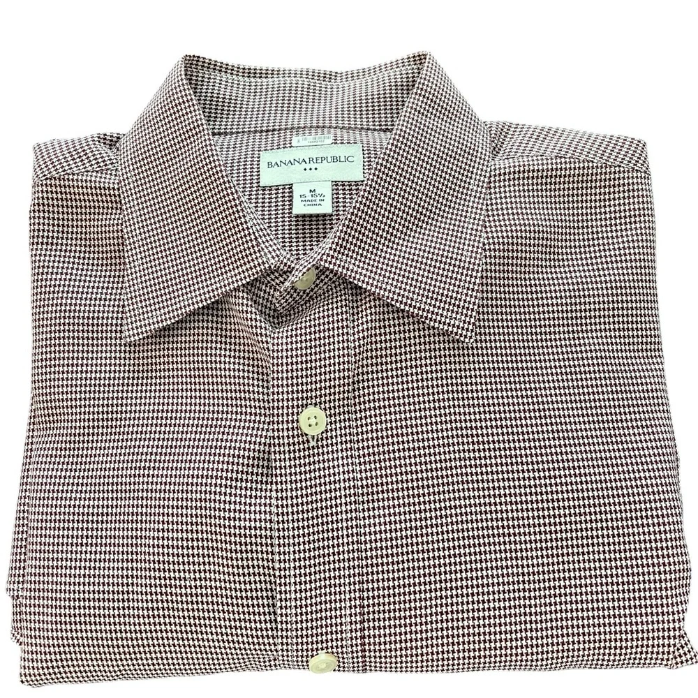 Banana Republic‎ Houndstooth Burgundy White Long Sleeve Dress Shirt Size Medium